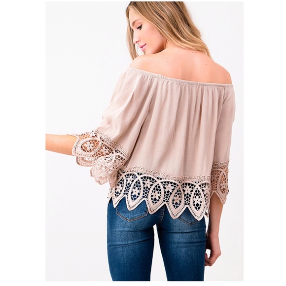 Off shoulder quarter sleeve lace trim boho blouse - Picture 3 of 4